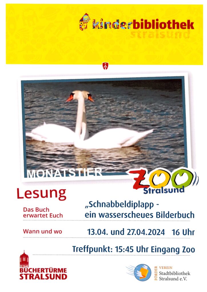 Bild vom Monatstier: zwei Schwäne. Lesung Buch "Schnabbeldiplapp - ein wasserscheues Bilderbuch" um 16 Uhr im Zoo