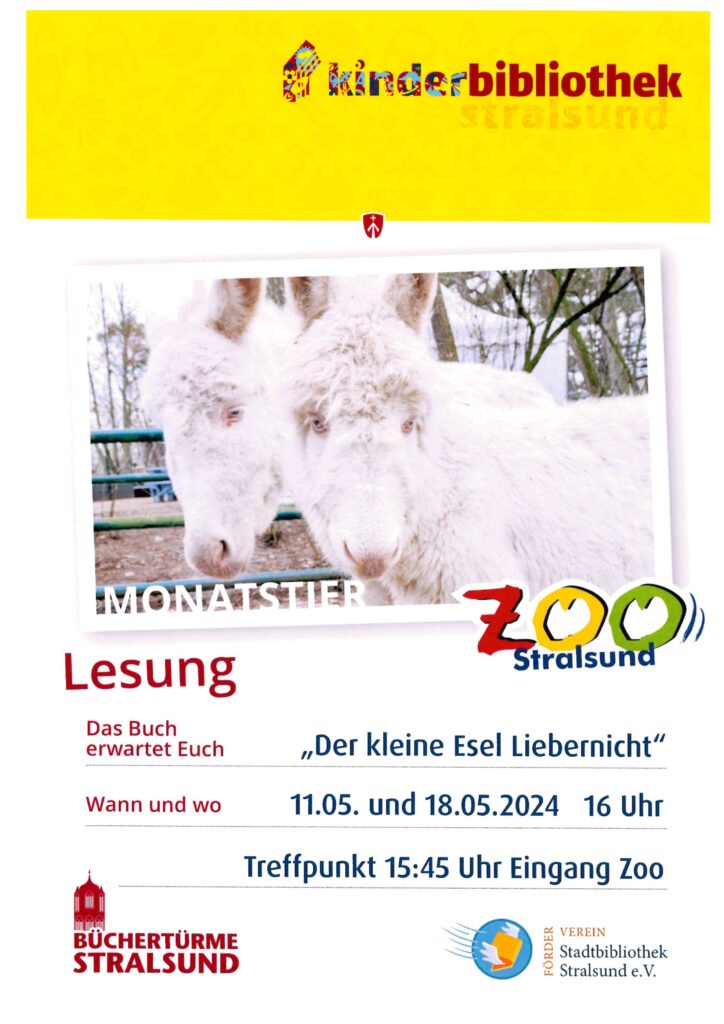 Auf Bild zu sehen: Monatstier zwei weiße Esel. Lesung Buch "Der kleine Esel Liebernicht" um 16 Uhr im Zoo Stralsund